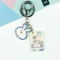 Cute acrylic rabbit keychain featuring clock and square pendants with metal double rings - Rabbit Clock Style (Double Buckle No. 20)