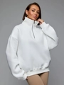 Women's white half-zip sweatshirt with stand collar and loose minimalist sporty fit - S / Thin Style / White