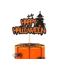 Decorazione torta Halloween con castello stregato nero glitterato e scritte arancioni - Stile castello