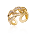 Adjustable gold plated open ring featuring interlocking chain design and clear zircons - Adjustable Open / Gold Interwoven Chain Style (G3014465)