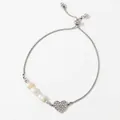 Adjustable silver box chain bracelet with heart charm and white pearls detail - Silver (SBP493)