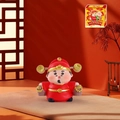 Cute God of Wealth figurine in red and gold with two buckets of gold coins and box - Caishen Water Buckets