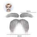 Detailed view of grey fake beard and eyebrows set with size dimensions for party costume - Eyebrows And Mustache Set / Gray