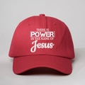Close-up of red cotton baseball cap with white printed Jesus religious text - One Size / Red