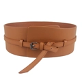 Fashionable brown faux leather wide waist belt with metallic buckle on white background - Camel