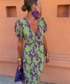 Vestido floral verde y púrpura con cuello en V y mangas abullonadas para mujer - S / Verde