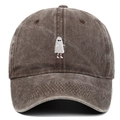 Detail shot of a small ghost embroidery on a brown washed cotton baseball cap texture - Coffee