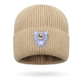 Berretto in maglia kaki per bambini con simpatica toppa a orsetto blu e protezione orecchie - Taglia unica / Beige