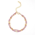 Double-layered bohemian bracelet with pink faceted stones and gold beads on white background - Pink (B-B24071910A)