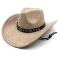 Ethno-Stil Beige Wildleder Cowboyhut mit Türkis Perlen Lederband und Windkordel - M(56-58cm) / Camel