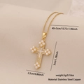 Golden stainless steel cross pendant necklace with pearls and rhinestones on beige fabric - Pave Pearl Faux Diamond Cross Style (6#)