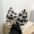 Sac sous le bras rétro français en toile avec motif cœur noir et blanc et fermeture éclair - Cœur