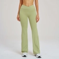 Pantalon évasé vert matcha à taille haute avec design en V croisé et poches latérales - Vert Haricot