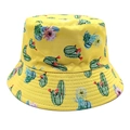 Close-up of vibrant cactus floral print on yellow twill fabric bucket hat detail - M (56-58cm) / Yellow