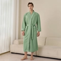 Men's pea green long bathrobe with waffle texture and white contrast piping detail - Mint Green [Men]