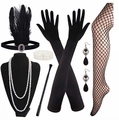 Panoplie Gatsby des années 1920 avec bandeau à plumes, collier en perles et gants - Ensemble 7 Pièces Strass Bleu