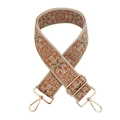 Detailed view of bohemian floral embroidered bag strap with golden metal lobster clasps - Beige Green Brown Flower