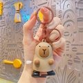 Brown Capybara clockwork keychain with white knob and ring hook on a gray background - Wind-up Capybara - Khaki Black