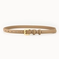 Elegant thin leather belt for women in apricot beige with a polished gold metal buckle - Khaki