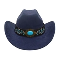 Cappello da cowboy blu navy con ricami floreali e pietra turchese su fascia vintage - Blu Navy (Fascia con Ricamo Floreale)