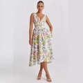 Elegant floral V-neck sleeveless midi dress with a cinched waist for summer wear - S / Pink Yellow Floral