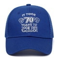 Navy 70th birthday trucker hat with white embroidery and breathable mesh back - Blue / Adjustable