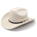 Classic beige western cowboy hat with black leather band and metal buckle in 45-degree view - M (56-58cm) / Beige