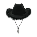 Detail of black wide brim cowboy hat with fluffy feather trim and adjustable chin strap - Adult Size (58cm) / Black Feather