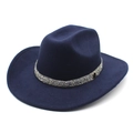 Close-up of navy wool felt fedora featuring a sparkling silver trim and M logo emblem - M / Navy Blue