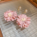 Close-up of pink fabric flower earrings with white pearl detail and layered petals - Pink Flower (Silver Needle)