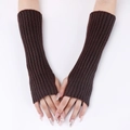 Dark brown ribbed knit arm warmers in long fingerless style for autumn and winter - Coffee