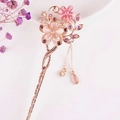 Rose gold hair pin with pink flowers, purple crystals and tassel fringe accents - Rose Gold Pink Flower Gold Branch Tassel (FZ038)