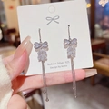 Silver bow tassel earrings with zircon stones and S925 needles for women - Silver Bowknot Earhook (E0159)
