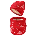 Red winter knit hat and scarf set with white Christmas tree patterns and plush lining - Red