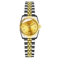 Macro shot of gold dial with diamond markers and silver-gold steel band on quartz watch - Small Two-tone Gold Dial