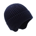 Men's winter knit beanie hat with ear protection in deep navy blue ribbed fabric - Navy Blue No Brim