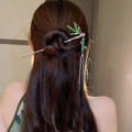 Silver hair pin with green enamel bamboo leaves and tassels in elegant hairstyle - Hairpin #87 - Silver - Green