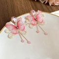 Elegant vintage pink butterfly earrings with diamond tassel and silver needle studs - Fabric Butterfly Rhinestone Tassel Drop Earrings