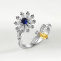 Adjustable silver spinning ring with blue zircon flower and yellow honeybee - Adjustable Open / White Gold Blue Flower (NJ1047)