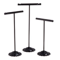 Set of 3 matte black T-bar metal earring display stands with vintage engraved bases - T-Shape / Black