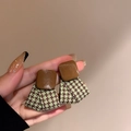 Handheld vintage brown resin stud earrings with green houndstooth fabric pattern - Green Plaid