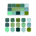 Macro view of 15 compartments showing diverse green and teal glass beads for DIY jewelry - 15 Grids/Box / Green Series 1