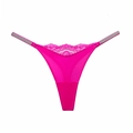 Sexy rose red lace thong for women with rhinestone side straps and ice silk trim - Fluorescent Pink (White Rhinestone)