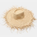 Detailed top view of a wide brim raffia sun hat featuring raw fringe edges and straw weave - M (56-58cm) / Natural Beige Style (A款)