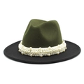 Two-tone wool fedora in olive green and black featuring elegant white pearl band - M (56-58cm) / Army Green Patchwork Black