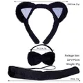 Three-piece black plush cat ears headband with bowtie and tail set for costume - Black Faux Fur Cat Ear With White Inner 3-Piece Set