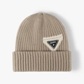 Gorro de punto caqui de invierno con doble capa cálida y parche de logo Happy para mujer - Talla única / Caqui