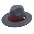 Detail of dark grey wool felt fedora featuring red ribbon and silver rhinestone buckle - Dark Gray