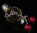 Sparkly red cherry keychain with silver metal leaves and lobster clasp bag charm accessory - Red Cherry with Small Double Leaves (Matte Silver)
