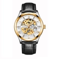 Men's automatic skeleton watch with two-tone case and black leather strap by Dedima - Black Strap Gold Case White Dial